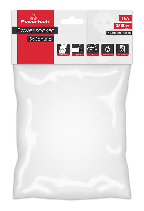 PT-882-1 POWERTECH πολύπριζο ασφαλείας PT-882, 5x schuko, 16A, 3m, λευκό