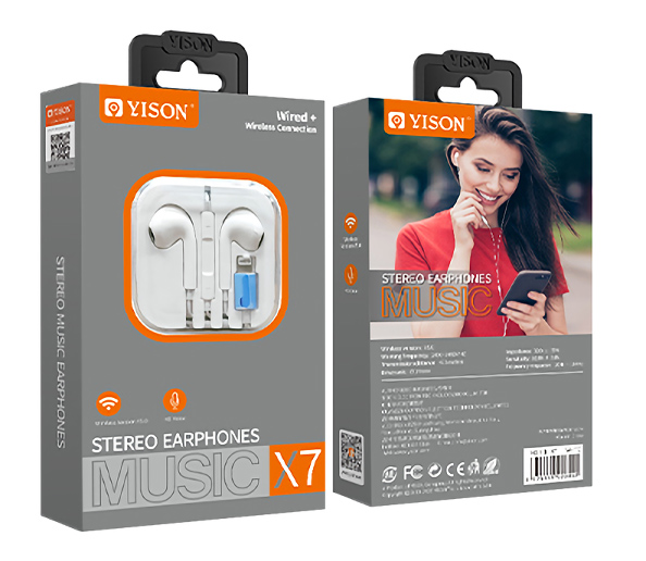 X7-LWH-3 YISON earphones με μικρόφωνο X7, Lightning σύνδεση, Φ14mm, 1.2m, λευκά