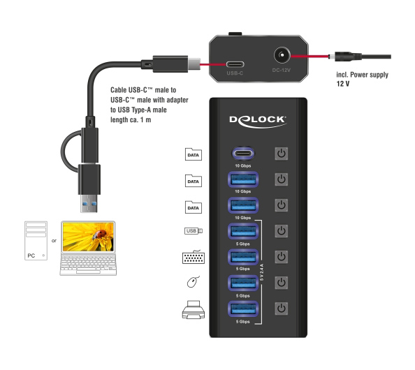 DELOCK USB hub 64326 με διακόπτες, 7x θυρών, 10Gbps, USB/USB-C σύνδεση, μαύρο