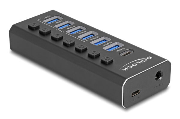 DELOCK USB hub 64326 με διακόπτες, 7x θυρών, 10Gbps, USB/USB-C σύνδεση, μαύρο