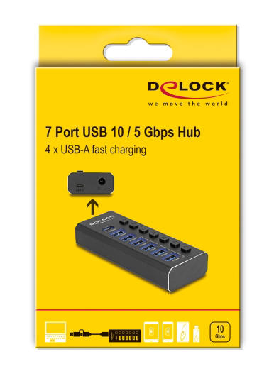 DELOCK USB hub 64326 με διακόπτες, 7x θυρών, 10Gbps, USB/USB-C σύνδεση, μαύρο