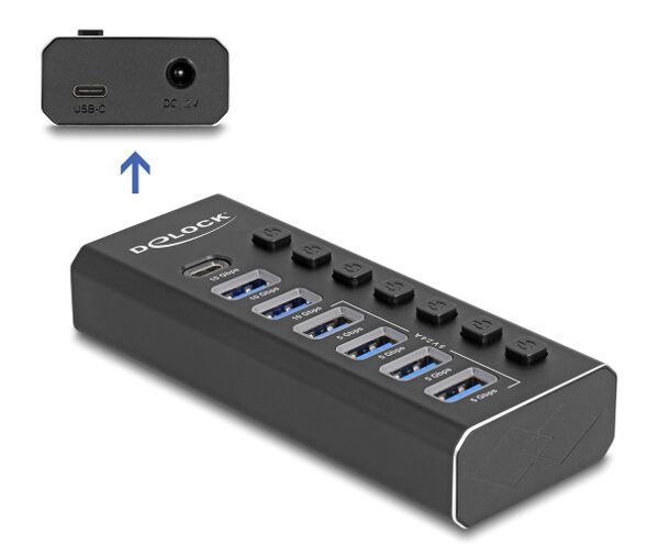 DELOCK USB hub 64326 με διακόπτες, 7x θυρών, 10Gbps, USB/USB-C σύνδεση, μαύρο