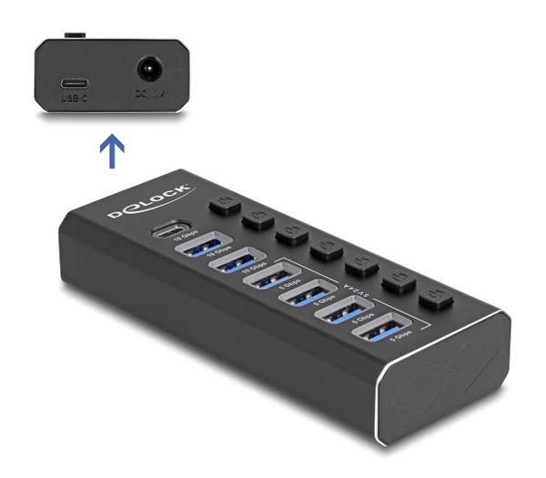 DELOCK USB hub 64326 με διακόπτες, 7x θυρών, 10Gbps, USB/USB-C σύνδεση, μαύρο