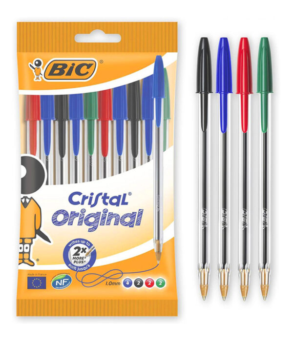 BIC στυλό διαρκείας Cristal Original με μύτη 1mm, μπλε, μαύρο, κόκκινο & πράσινο, 10τμχ