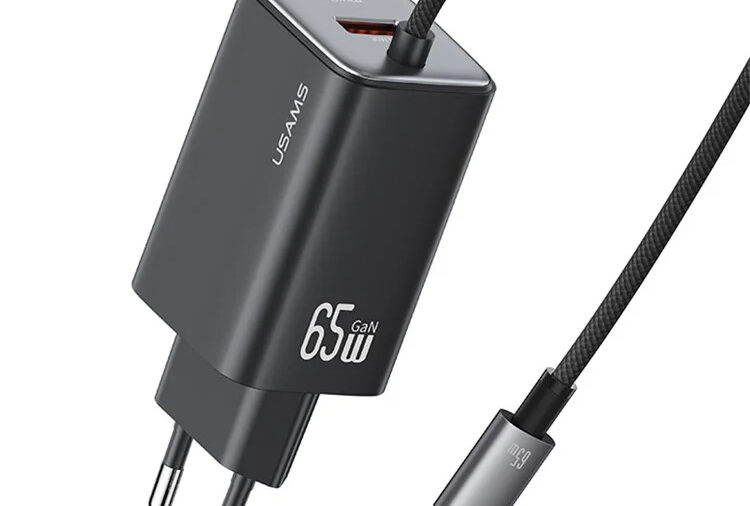 USAMS φορτιστής τοίχου CC266 με καλώδιο, USB & USB-C, 65W, GaN, μαύρος