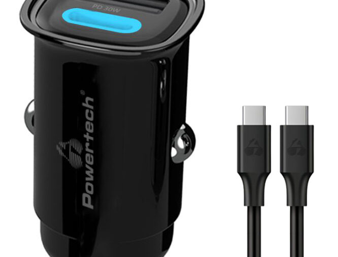 POWERTECH φορτιστής αυτοκινήτου PT-1229, καλώδιο, USB/USB-C, 30W, μαύρος