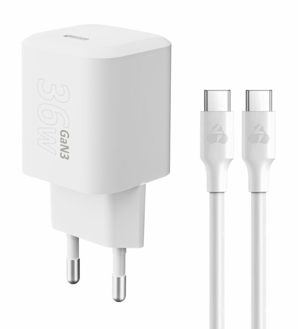 POWERTECH φορτιστής τοίχου PT-1350 με καλώδιο, USB-C, 36W, GaN, λευκός