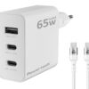 POWERTECH φορτιστής τοίχου PT-1378 με καλώδιο, USB/2x USB-C, 65W, GaN, λευκός