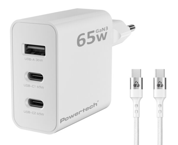 POWERTECH φορτιστής τοίχου PT-1378 με καλώδιο, USB/2x USB-C, 65W, GaN, λευκός