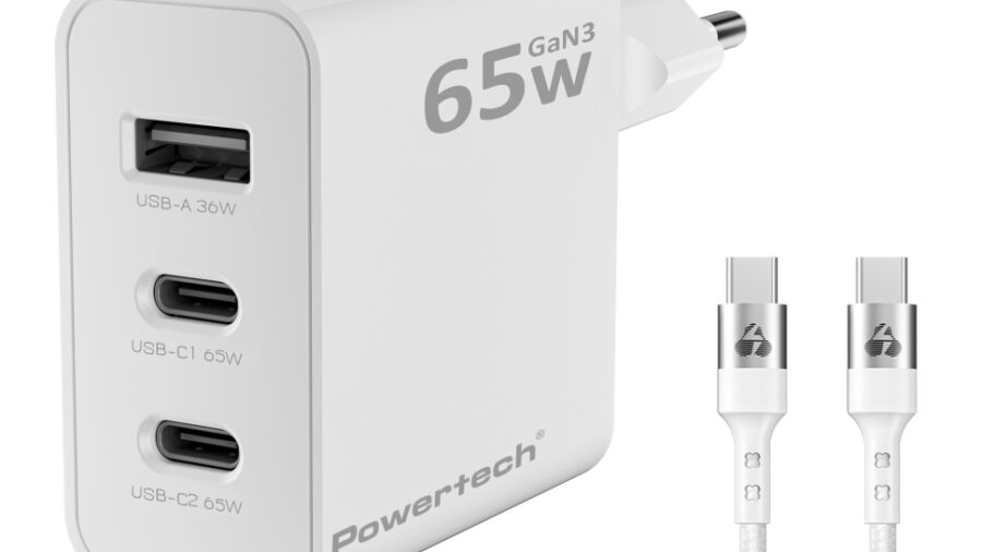 POWERTECH φορτιστής τοίχου PT-1378 με καλώδιο, USB/2x USB-C, 65W, GaN, λευκός