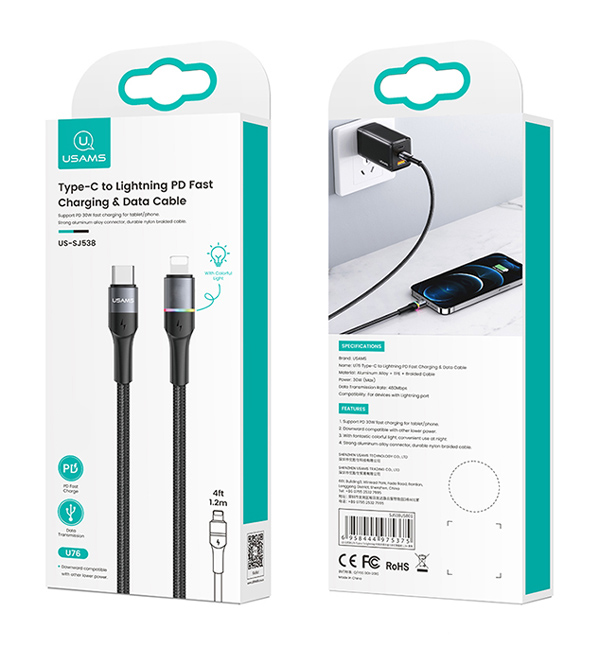 USAMS καλώδιο Lightning σε USB Type-C US-SJ538, 20W, PD, 1.2m, μαύρο