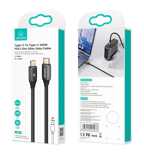 USAMS καλώδιο USB-C σε USB-C US-SJ580, 240W PD 3.1, 480Mbps, 1.2m, μαύρο